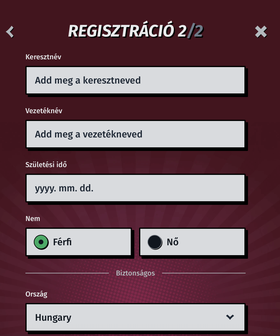 Képernyőkép egy kaszinó regisztrációs oldaláról, ahol a felhasználói adatok megadása látható, személyi adatokkal és pénzforgalmi beállításokkal.