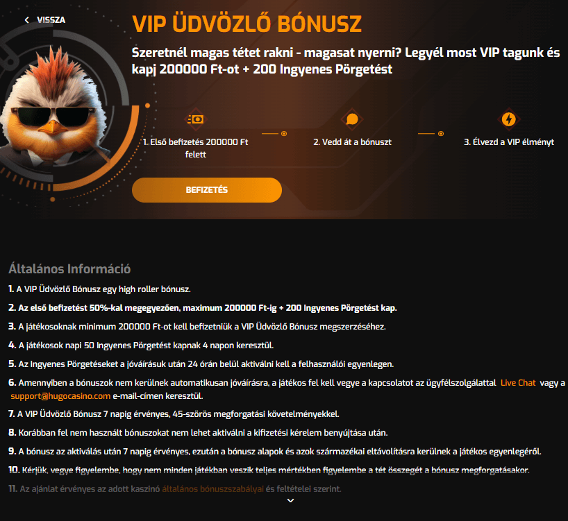 Hugo Casino VIP Üdvözlő Bónusz
