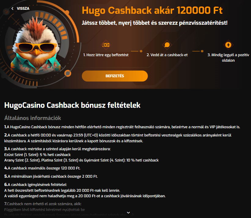 Hugo casino Cashback bonus