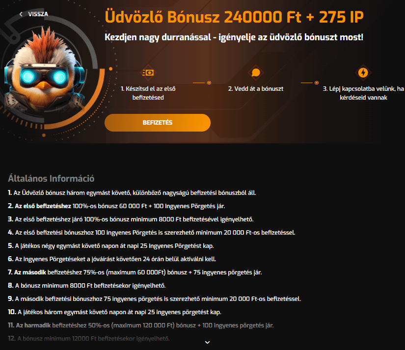 Hugo casino Üdvözlő Bónusz