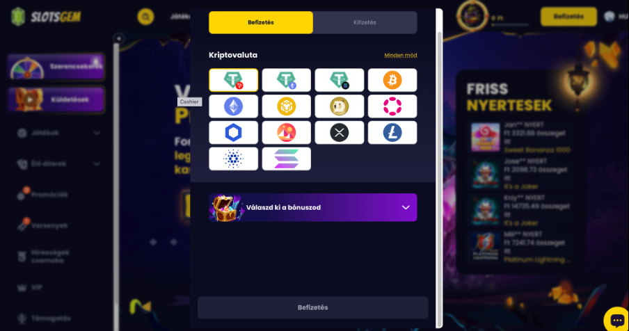 Slotsgem Kriptovalutás fizetések