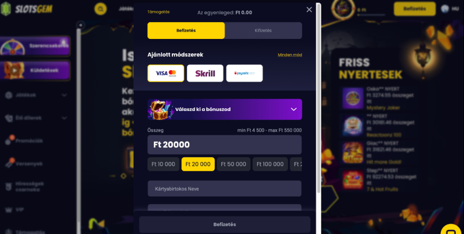 Slotsgem befizetés