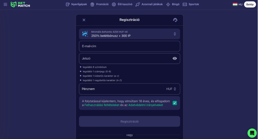 Betmatch regisztráció
