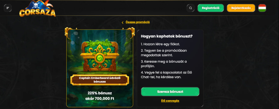 Corsaza casino Üdvözlő bónusz