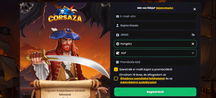 Corsaza kaszinó regisztráció