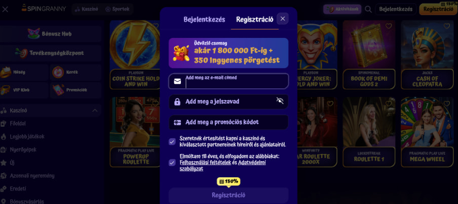 SpinGranny kaszinó regisztráció1