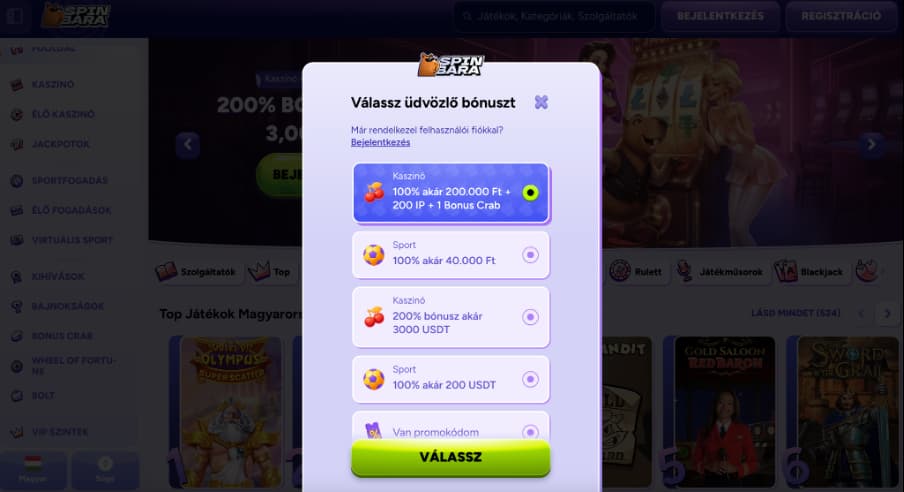 Spinbara kaszinó bónusz választék