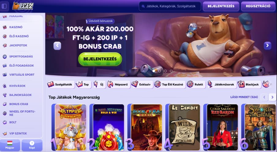 Spinbara kaszinó kezdőlapjának képernyőképe
