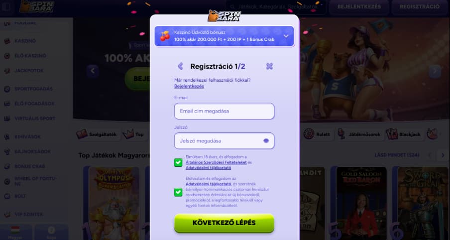 Spinbara kaszinó regisztráció 1. lépés