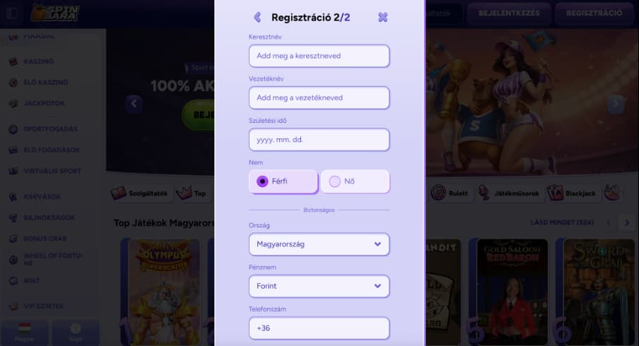 Spinbara kaszinó regisztráció 2. lépés
