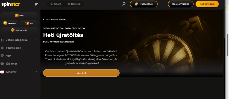 Spinstar bet Heti újratöltési bónusz