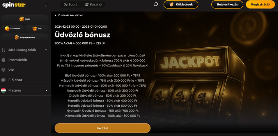 Spinstar bet Üdvözlő bónusz