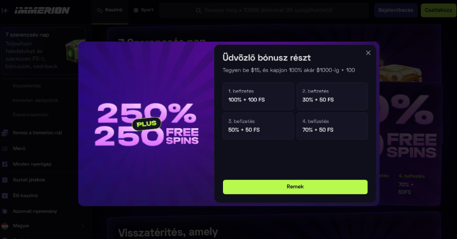 Üdvözlő Immerion bónusz